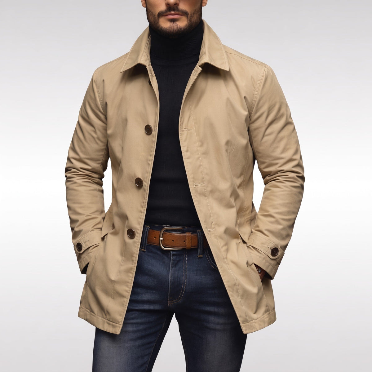 Oliver - Men's Single-Breasted Mac Coat with Classic Collar and Buttoned Cuffs - Coats & Jackets - Beige - Sarvento