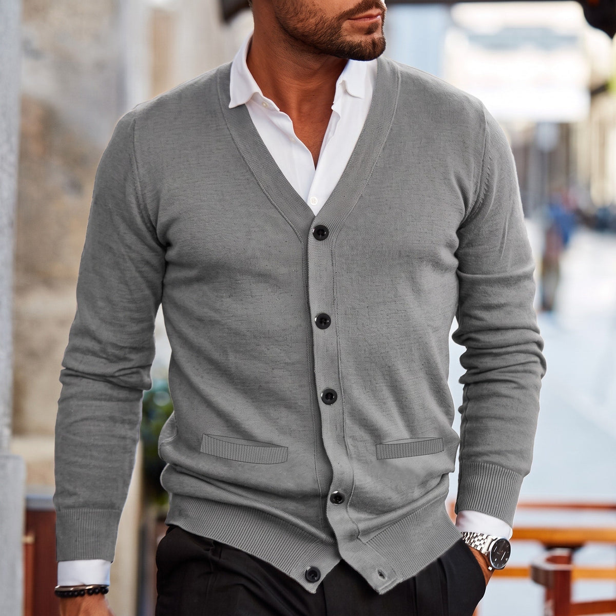 Oliver - Men's V-Neck Button-Up Knit Cardigan - Cardigans - Light Gray - Sarvento