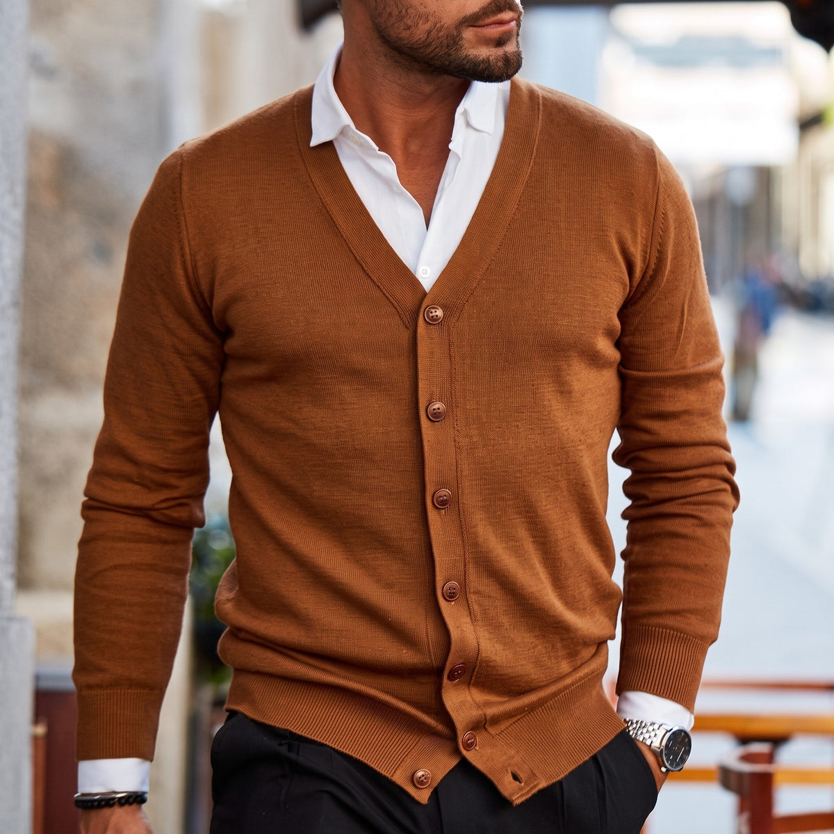 Oliver - Men's V-Neck Button-Up Knit Cardigan - Cardigans - Brown - Sarvento