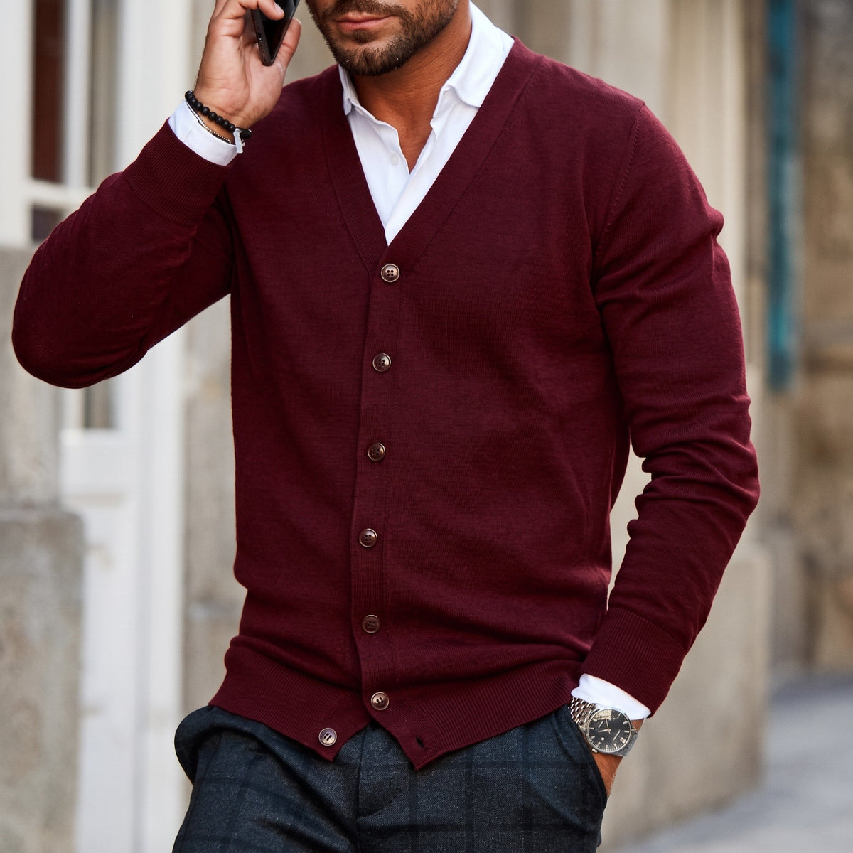 Oliver - Men's V-Neck Button-Up Knit Cardigan - Cardigans - Dark Red - Sarvento