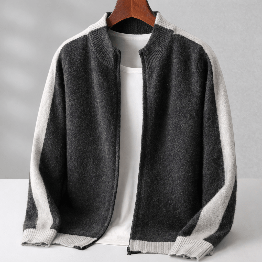 Oliver - Men's Zip-Up Contrast Trim Mock Neck Sweater Jacket - Sweaters - Gray - Sarvento