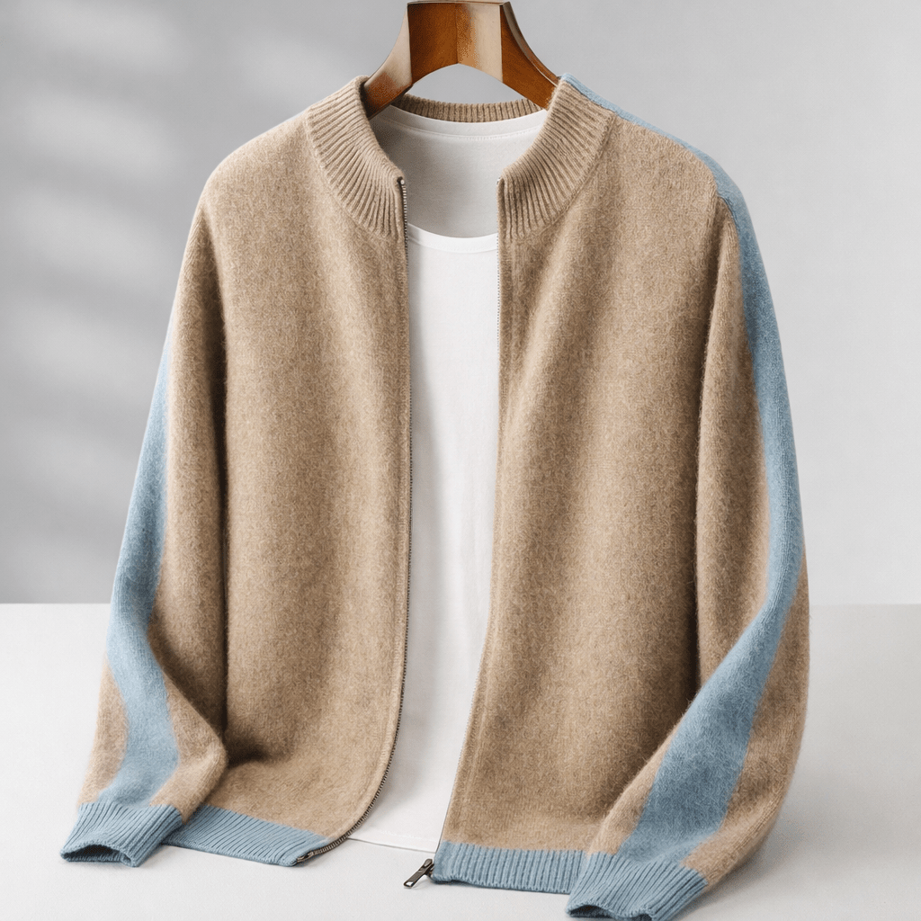 Oliver - Men's Zip-Up Contrast Trim Mock Neck Sweater Jacket - Sweaters - Khaki - Sarvento