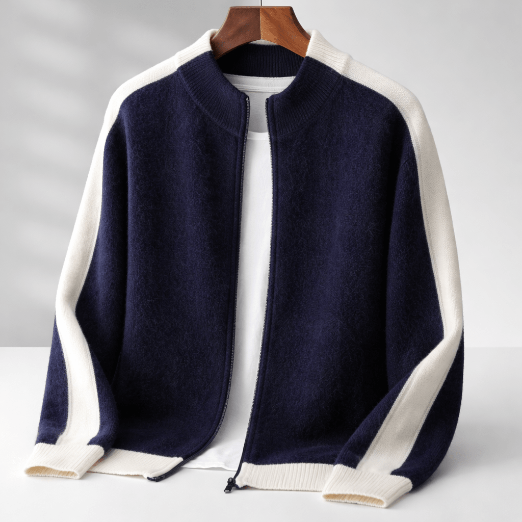 Oliver - Men's Zip-Up Contrast Trim Mock Neck Sweater Jacket - Sweaters - Navy - Sarvento