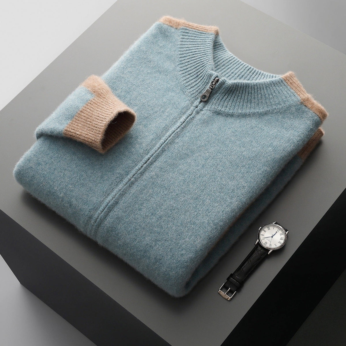 Oliver - Men's Zip-Up Contrast Trim Mock Neck Sweater Jacket - Sweaters - Light Blue - Sarvento