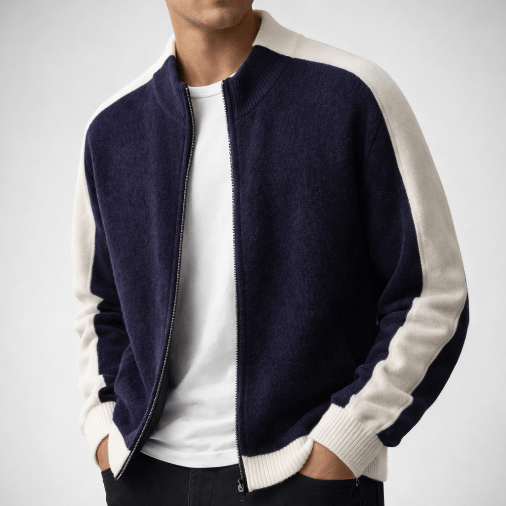 Oliver - Men's Zip-Up Contrast Trim Mock Neck Sweater Jacket - Sweaters - Navy - Sarvento