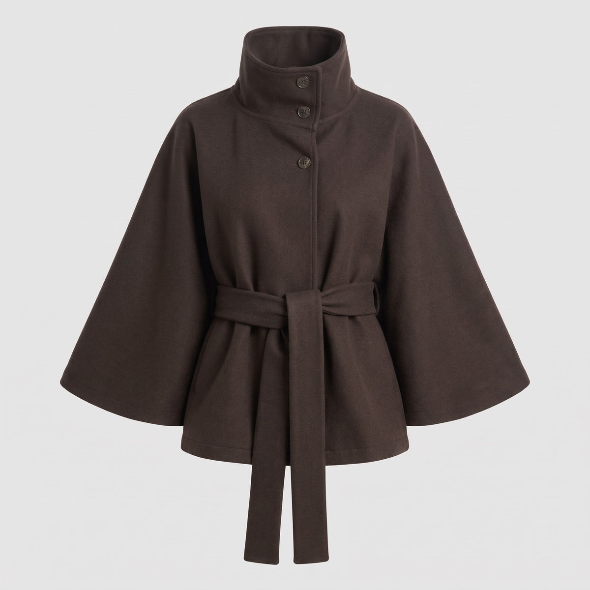 Olivia - Women's Belted Wrap Jacket with Stand Collar and Cape Sleeves - Capes - Brown - Sarvento