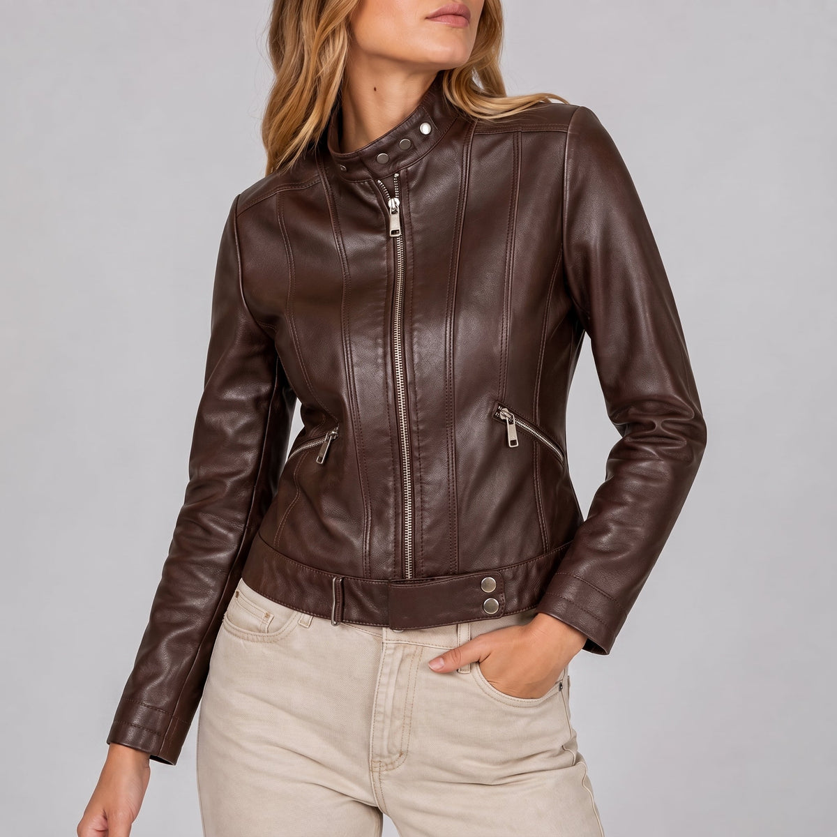 Olivia - Women's Fitted Band Collar Full Zip Panel Jacket - Jackets - Dark Brown - Parker&Brooks