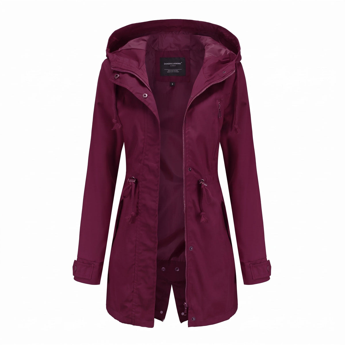 Olivia - Women's Hooded Longline Raincoat with Drawstring Waist - Rain Coat - Burgundy - Sarvento