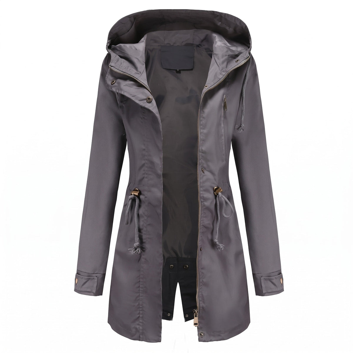 Olivia - Women's Hooded Longline Raincoat with Drawstring Waist - Rain Coat - Gray - Sarvento