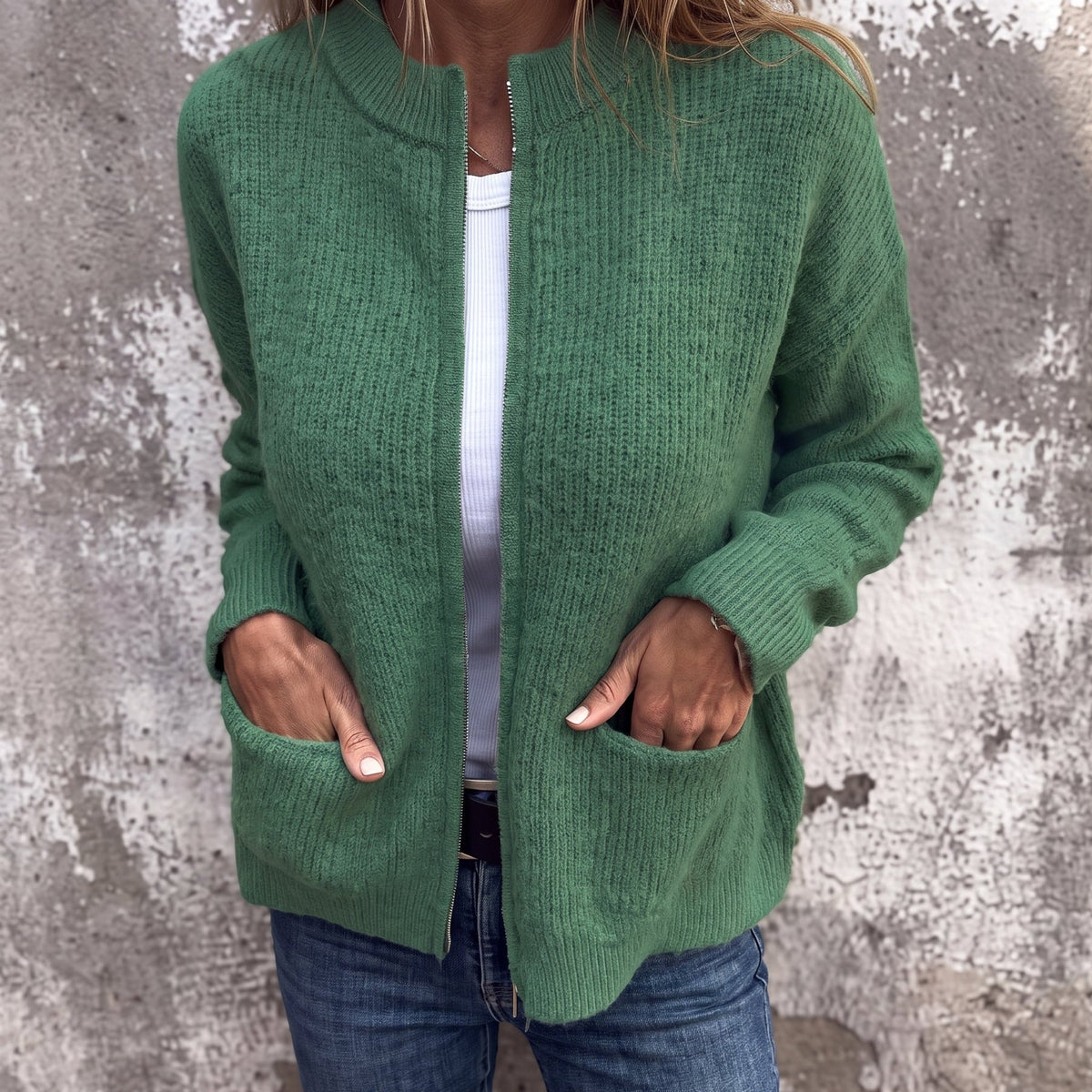 Olivia - Women's Relaxed Zip-Through Ribbed Cardigan - Cardigans - Green - Parker&Brooks