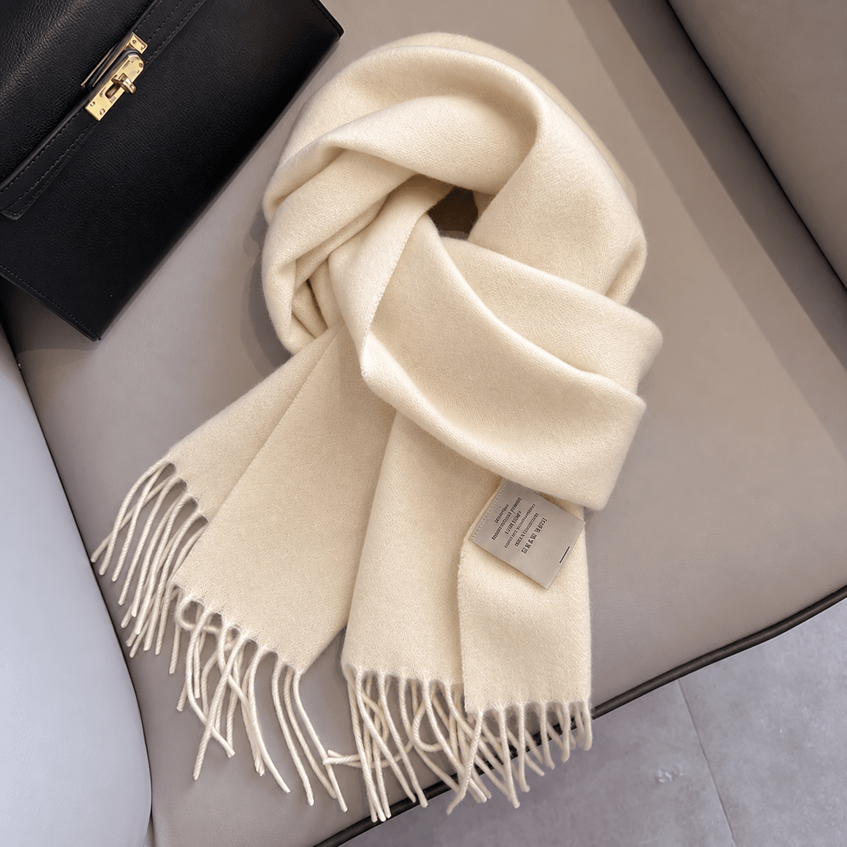 Olivia - Women's Solid Color Narrow Wool Scarf with Fringed Tassel Ends - Scarves & Shawls - Beige - Sarvento