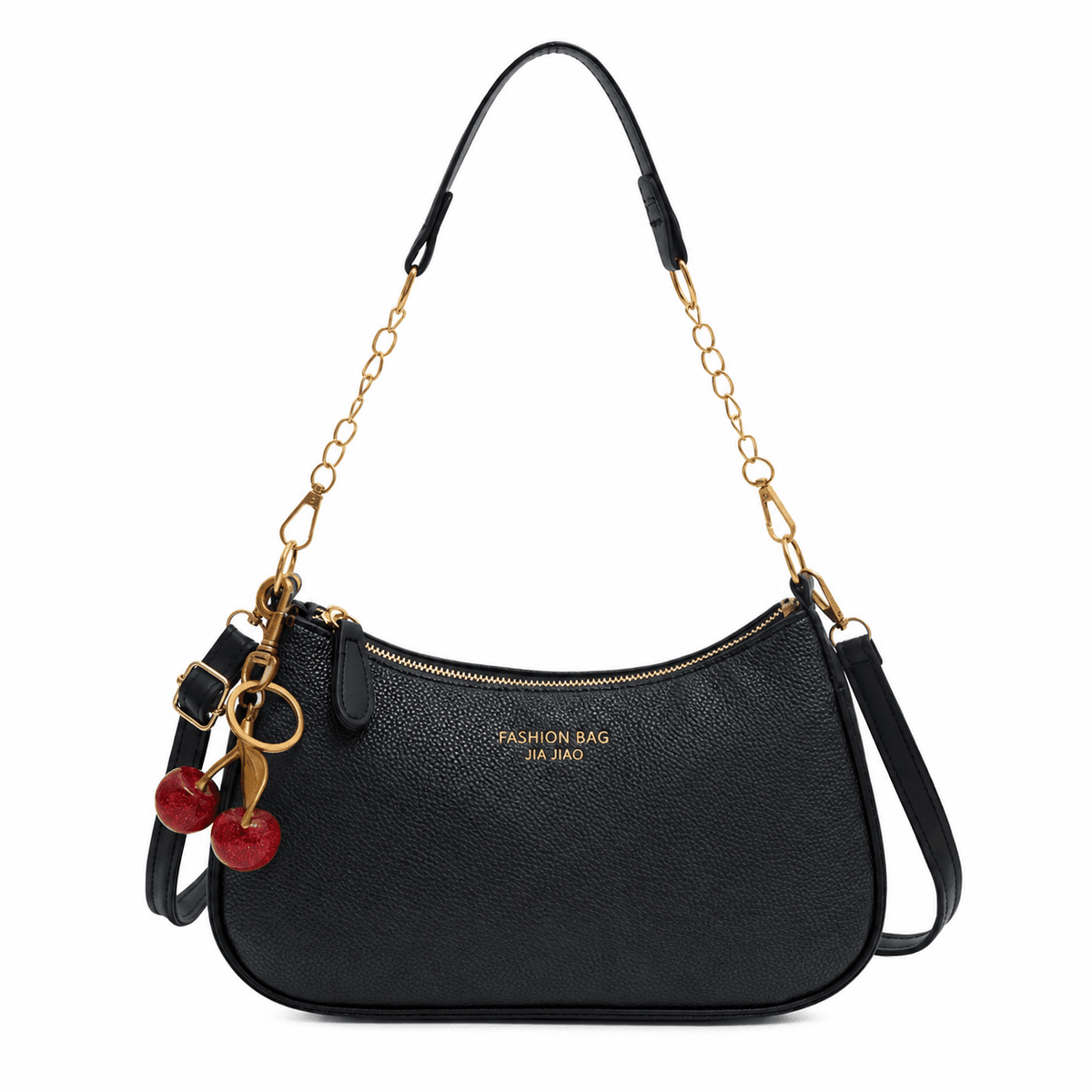 Olivia - Women's Structured Chain Strap Shoulder Bag with Cherry Charm Detail - Shoulder Bags - Black - Sarvento