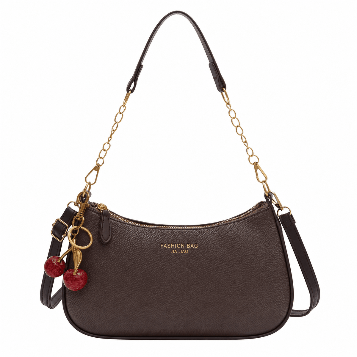 Olivia - Women's Structured Chain Strap Shoulder Bag with Cherry Charm Detail - Shoulder Bags - Brown - Sarvento