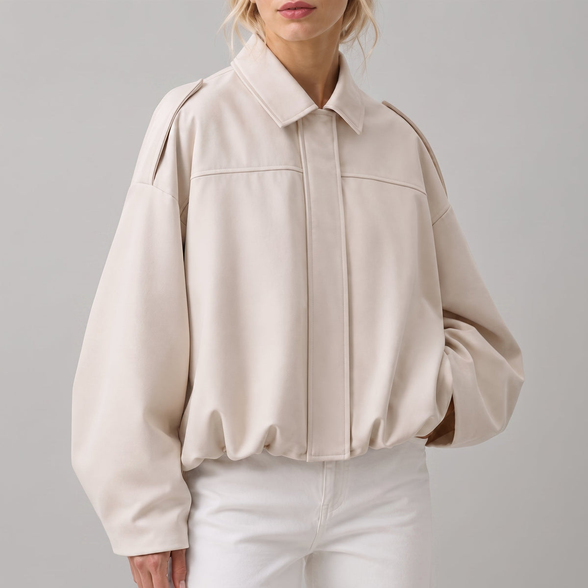 Olivia - Women's Vintage Dropped Shoulder Suede Bomber Jacket - Bomber Jackets - Beige - Parker&Brooks
