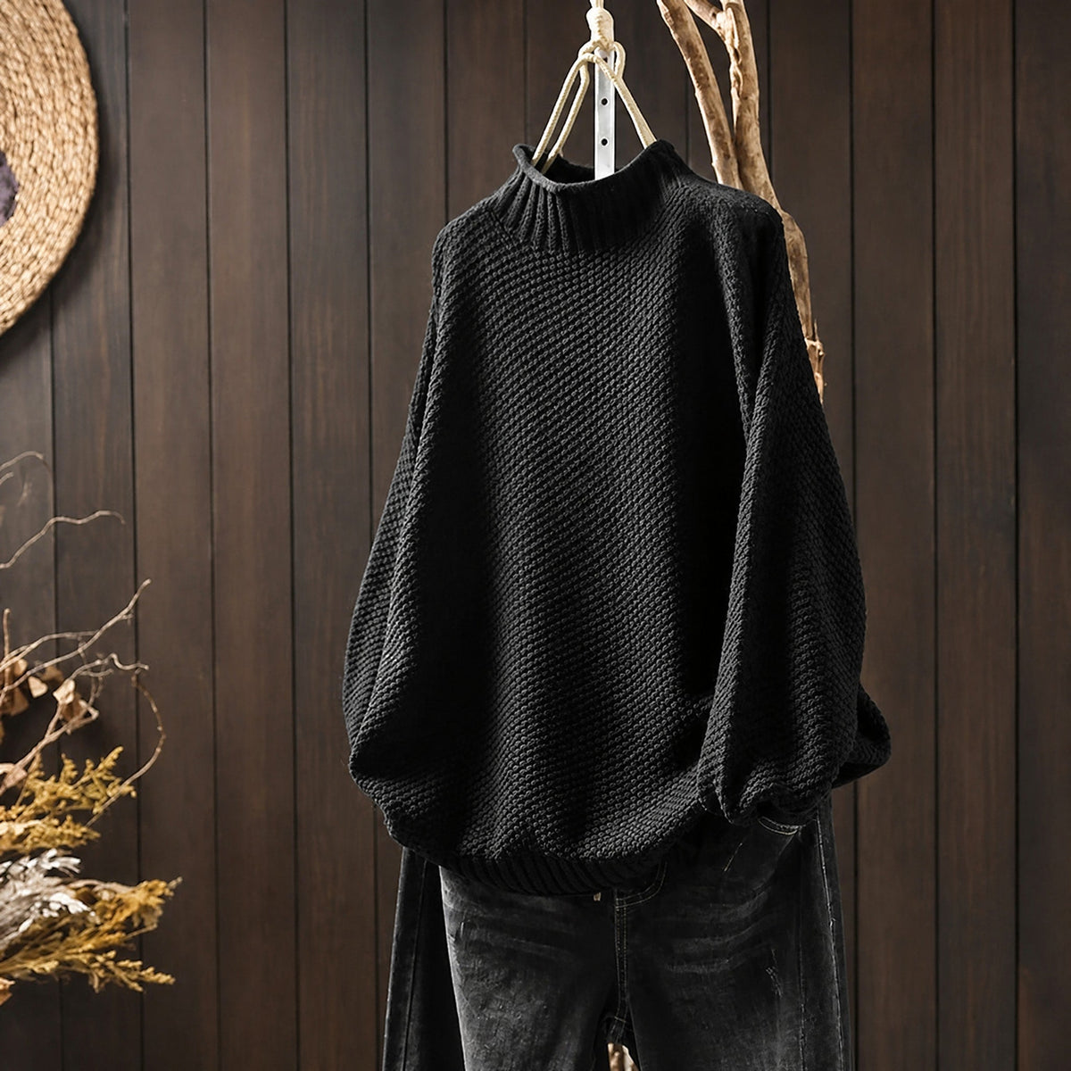 Oskar - Men's Oversized Mock Neck Knit Sweater with Ribbed Cuffs - Sweaters - Black - Parker&Brooks