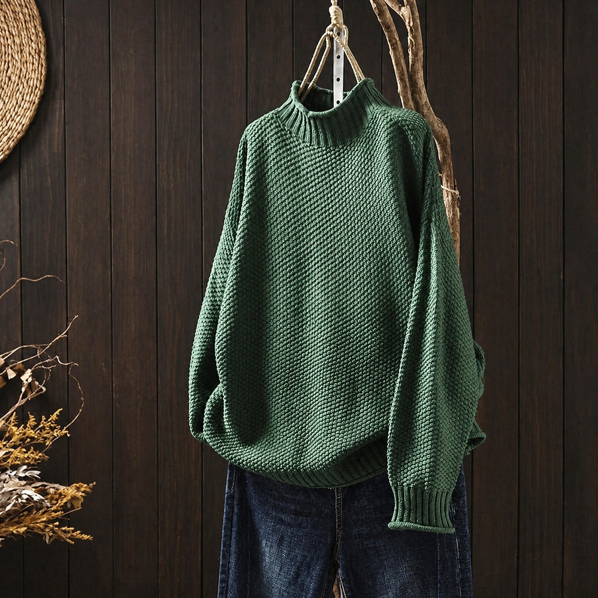 Oskar - Men's Oversized Mock Neck Knit Sweater with Ribbed Cuffs - Sweaters - Green - Parker&Brooks