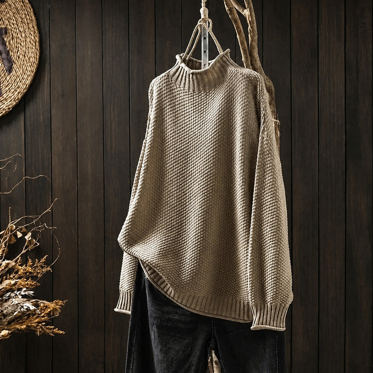 Oskar - Men's Oversized Mock Neck Knit Sweater with Ribbed Cuffs - Sweaters - Khaki - Parker&Brooks