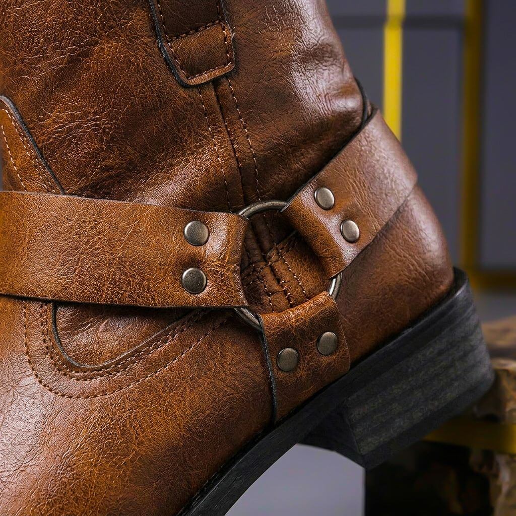 Philip - Men's Harness Ankle Boots with Buckle Strap - Boots - Brown - Sarvento