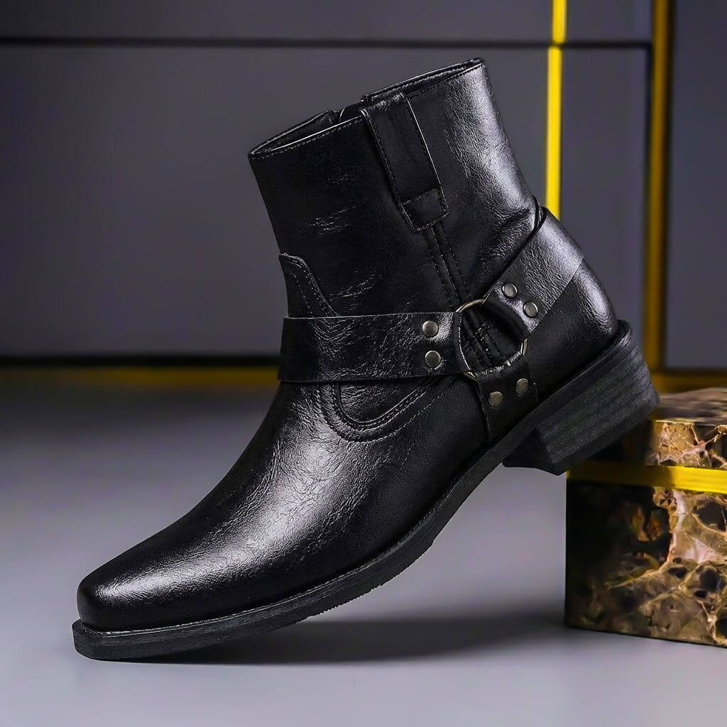 Philip - Men's Harness Ankle Boots with Buckle Strap - Boots - Black - Sarvento