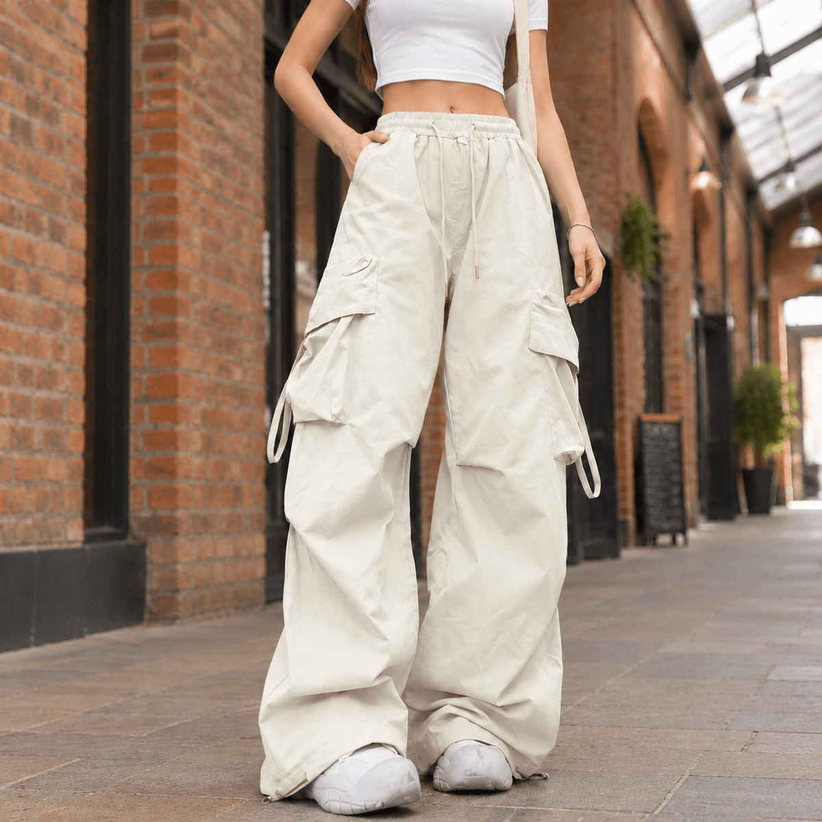 Phoebe – Women’s High Waisted Wide Leg Drawstring Cargo Pants - Cargo Pants - Cream - Sarvento