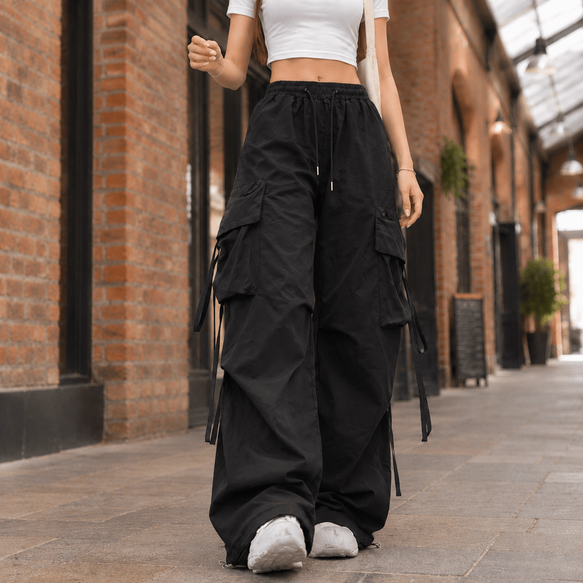 Phoebe – Women’s High Waisted Wide Leg Drawstring Cargo Pants - Cargo Pants - Black - Sarvento