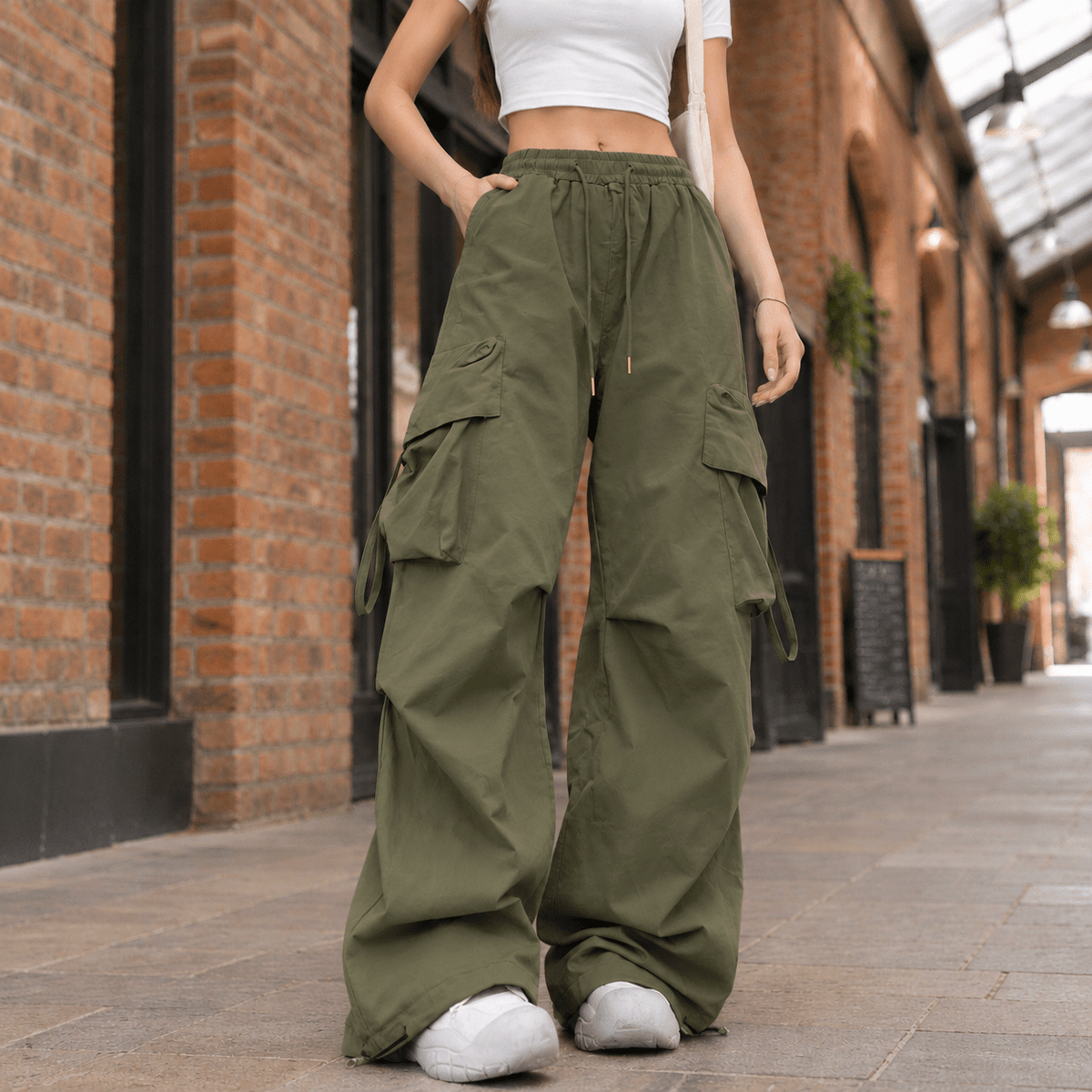 Phoebe – Women’s High Waisted Wide Leg Drawstring Cargo Pants - Cargo Pants - Olive Green - Sarvento