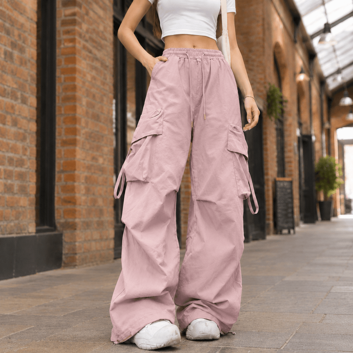Phoebe – Women’s High Waisted Wide Leg Drawstring Cargo Pants - Cargo Pants - Pink - Sarvento