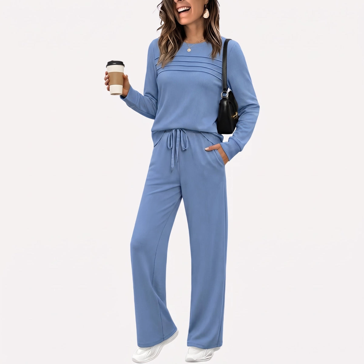 Phoebe – Women’s Relaxed Fit Mock Neck Lounge Set with Wide-Leg Pants - Loungewear Sets - Blue - Sarvento
