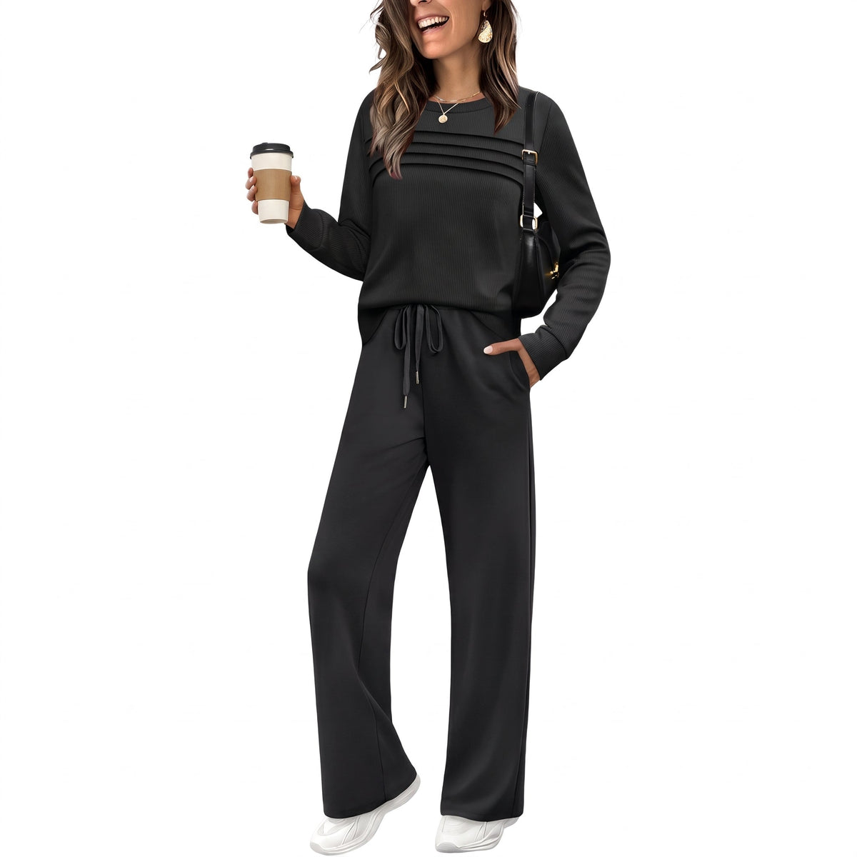 Phoebe – Women’s Relaxed Fit Mock Neck Lounge Set with Wide-Leg Pants - Loungewear Sets - Black - Sarvento
