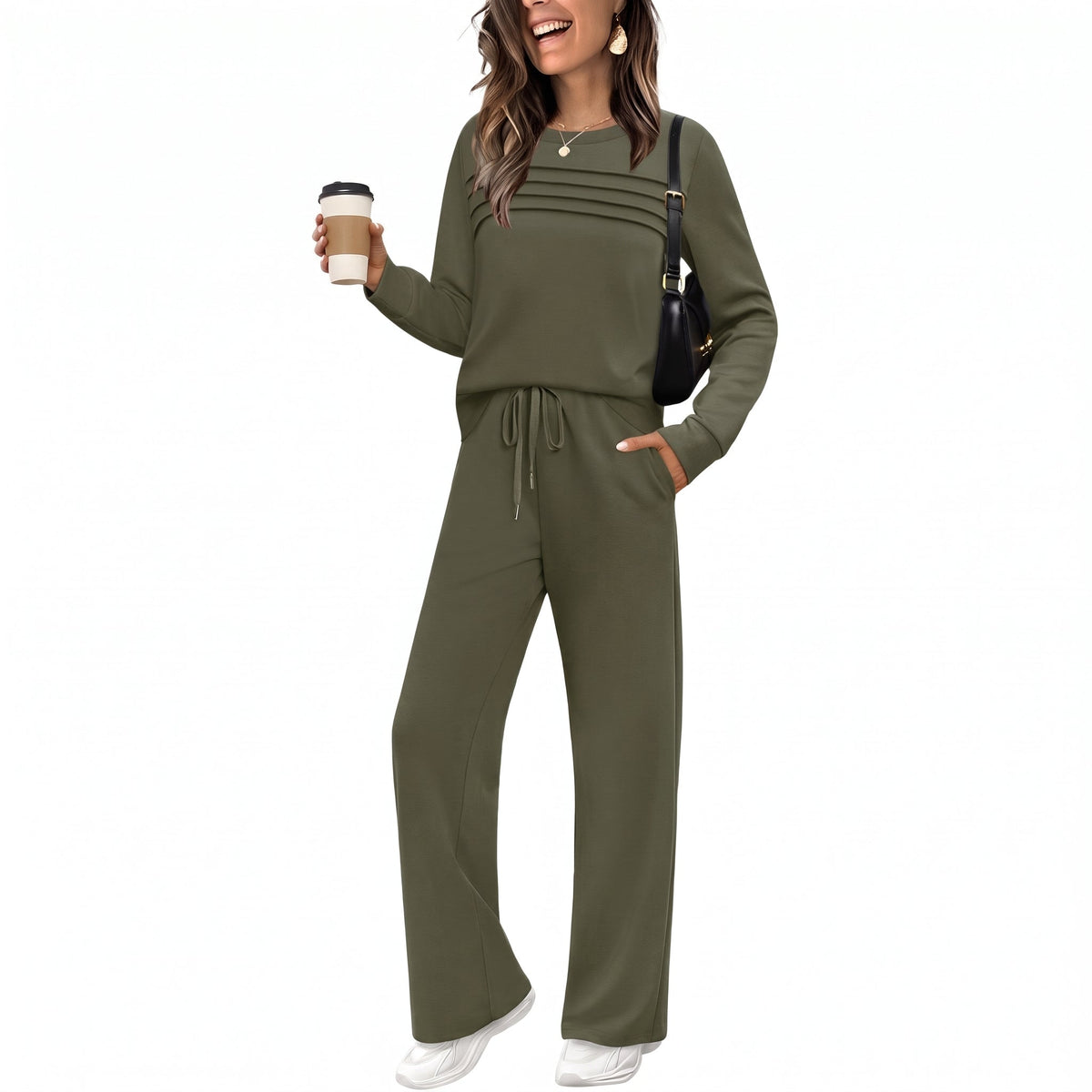 Phoebe – Women’s Relaxed Fit Mock Neck Lounge Set with Wide-Leg Pants - Loungewear Sets - Green - Sarvento