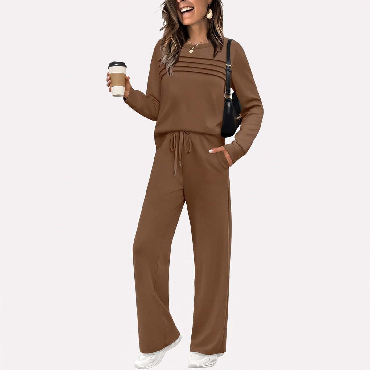 Phoebe – Women’s Relaxed Fit Mock Neck Lounge Set with Wide-Leg Pants - Loungewear Sets - Brown - Sarvento