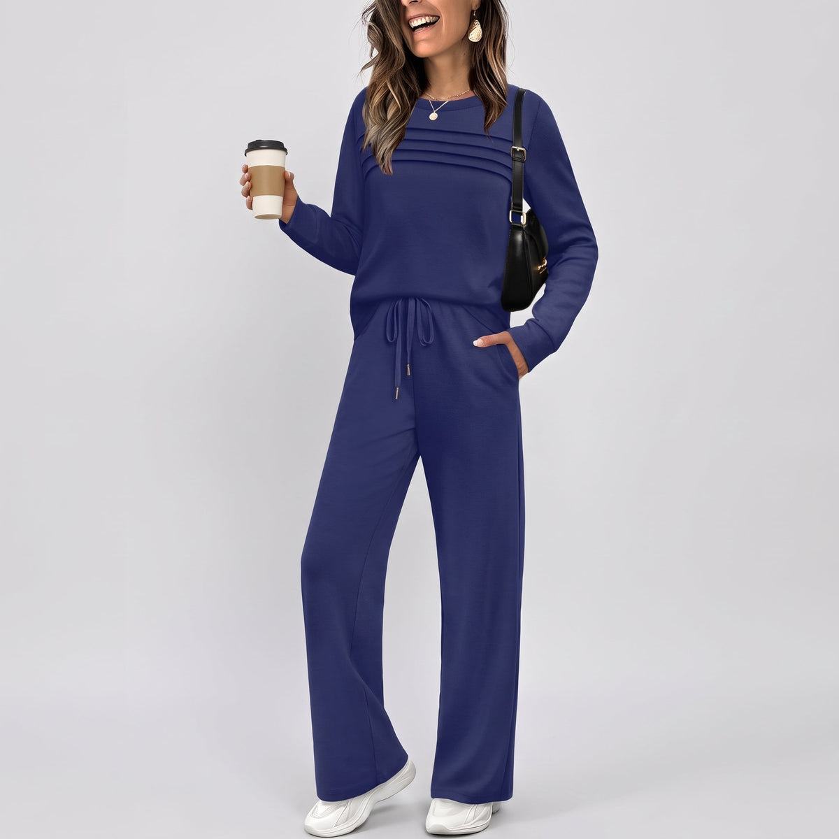 Phoebe – Women’s Relaxed Fit Mock Neck Lounge Set with Wide-Leg Pants - Loungewear Sets - Navy Blue - Sarvento