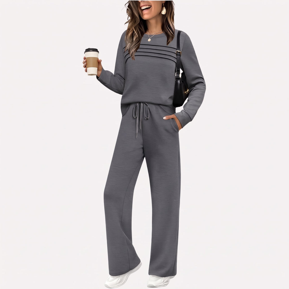 Phoebe – Women’s Relaxed Fit Mock Neck Lounge Set with Wide-Leg Pants - Loungewear Sets - Gray - Sarvento