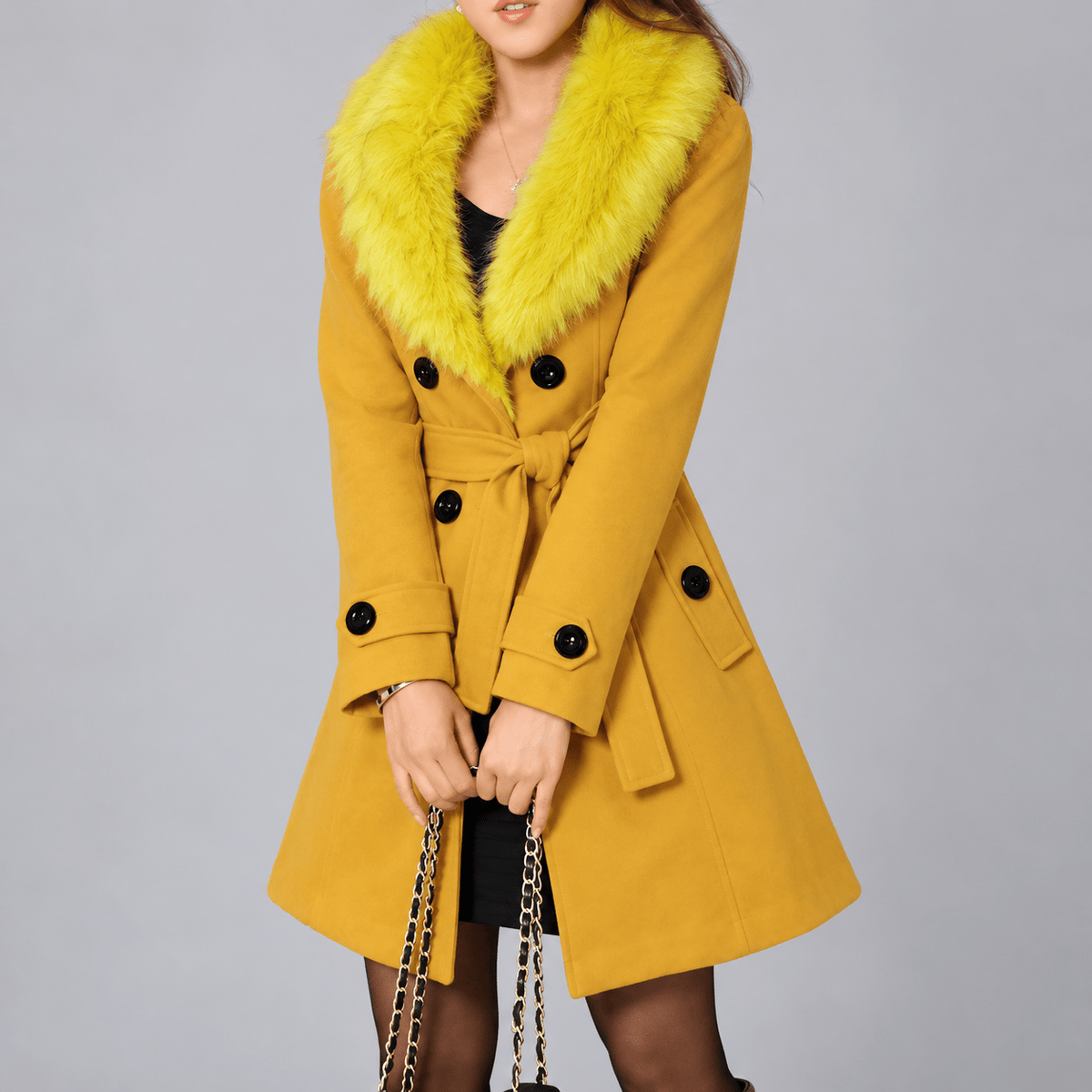 Rachel - Women's Double-Breasted Coat with Faux Fur Collar - Overcoats - Yellow - Sarvento