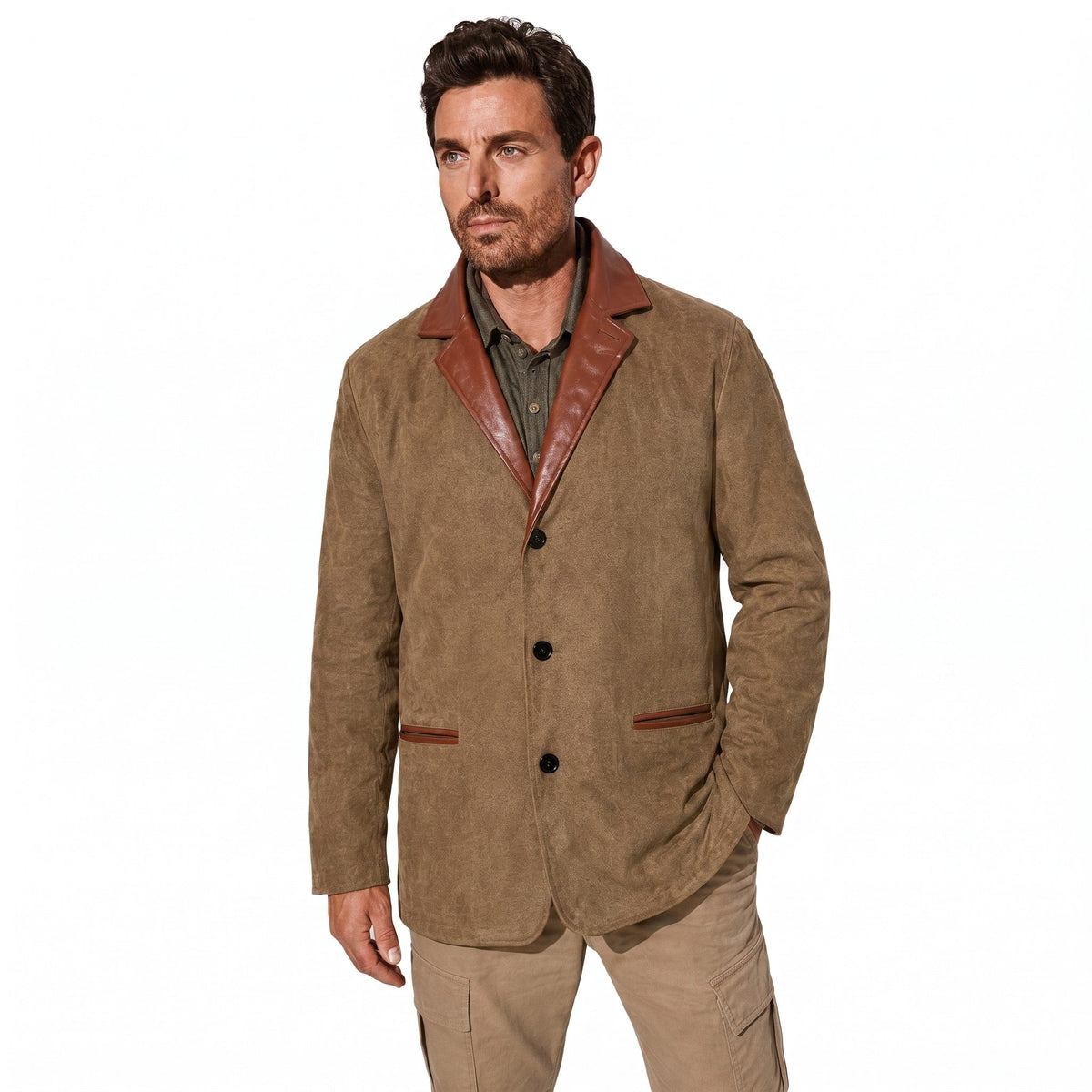 Ralph - Men's Field Jacket with Contrast Collar and Button Front - Coats & Jackets - Brown - Parker&Brooks