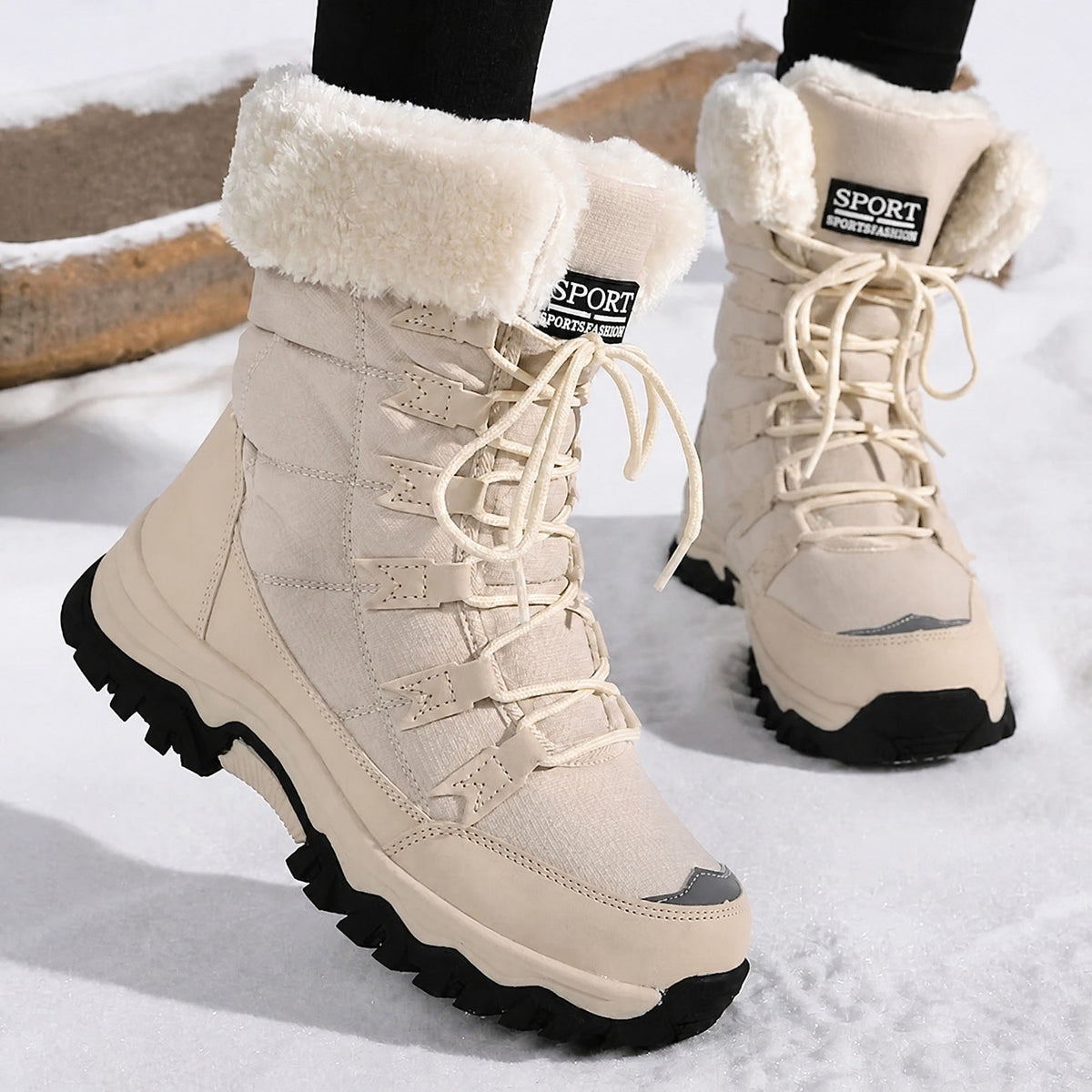 Rowan - Women's Orthopaedic Lace-Up Snow Boots with Faux Fur Trim - Boots - Beige - Parker&Brooks