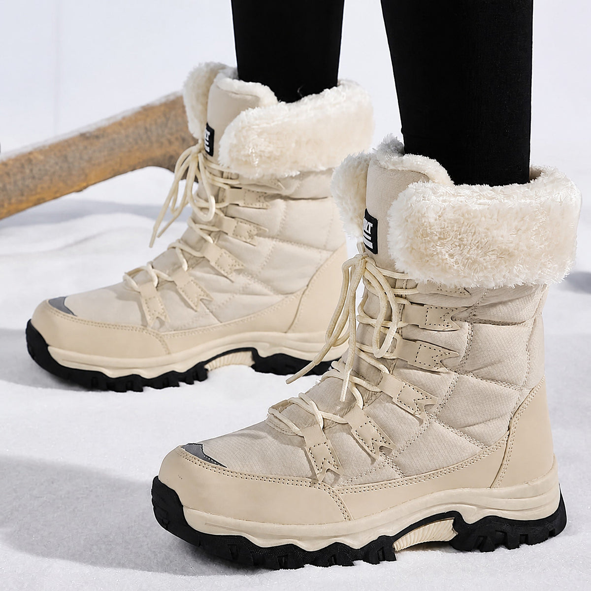 Rowan - Women's Orthopaedic Lace-Up Snow Boots with Faux Fur Trim - Boots - Beige - Parker&Brooks