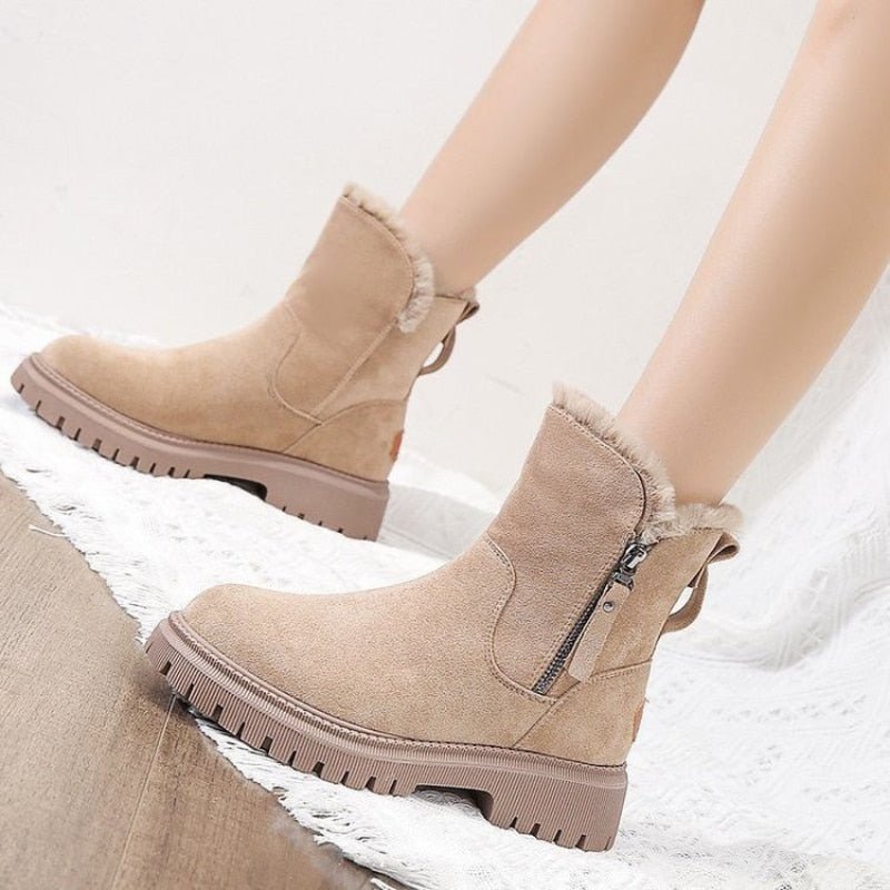 Rowan - Women's Orthopedic Faux Fur Trim Ankle Boots with Side Zip - Boots - Beige - Parker&Brooks