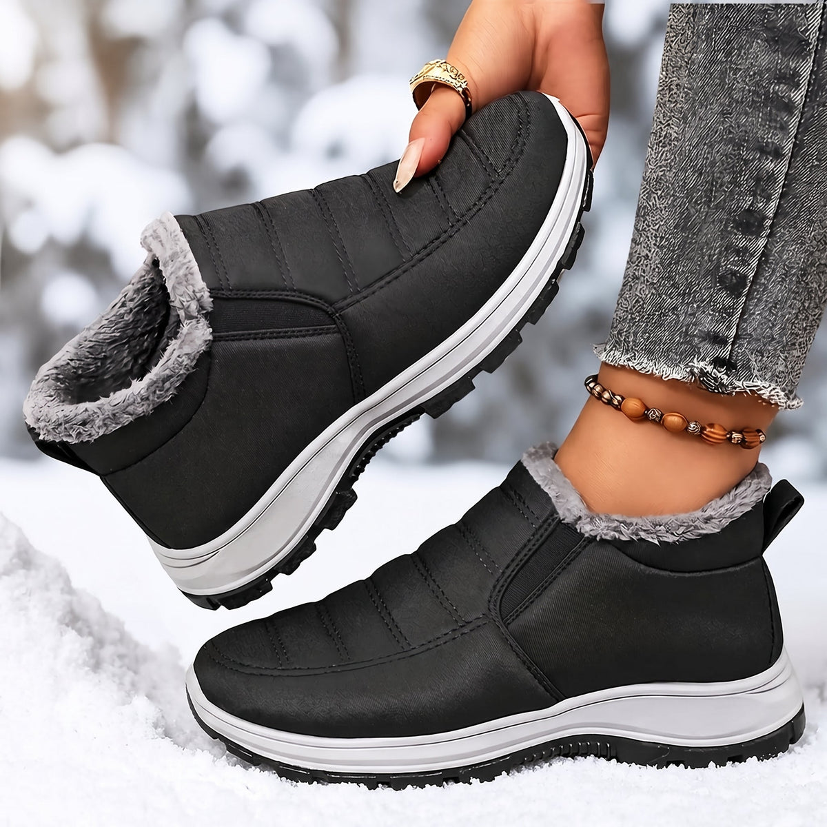 Rowan - Women's Orthopedic Fleece-Lined Slip-On Snow Boots - Boots - Black - Parker&Brooks