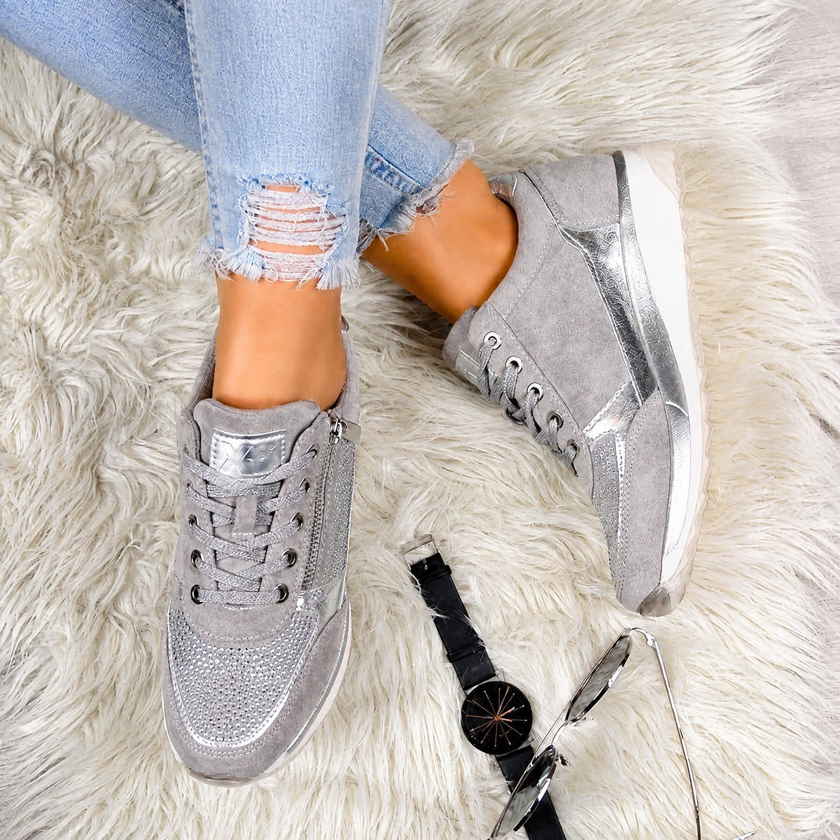 Rowan - Women's Orthopedic Lace-Up Sneaker with Rhinestone Detail - Sneakers - Silver - Parker&Brooks