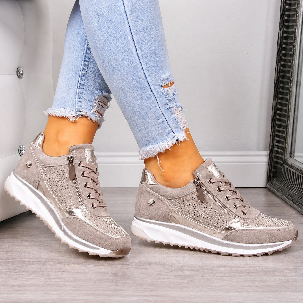 Rowan - Women's Orthopedic Lace-Up Sneaker with Rhinestone Detail - Sneakers - Beige - Parker&Brooks