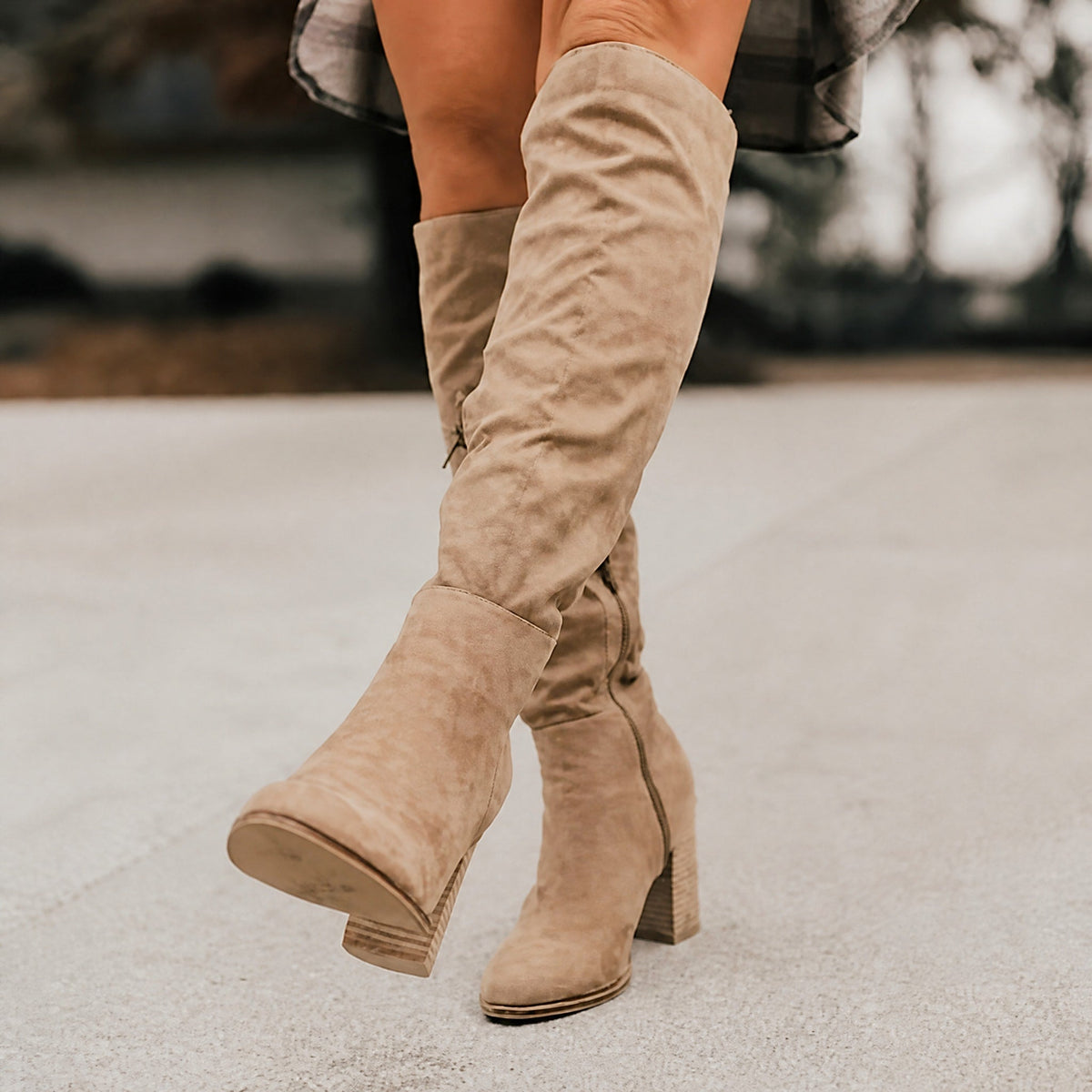 Rowan - Women's Slouchy Knee-High Suede Boots with Buckle Strap - Boots - Beige - Parker&Brooks