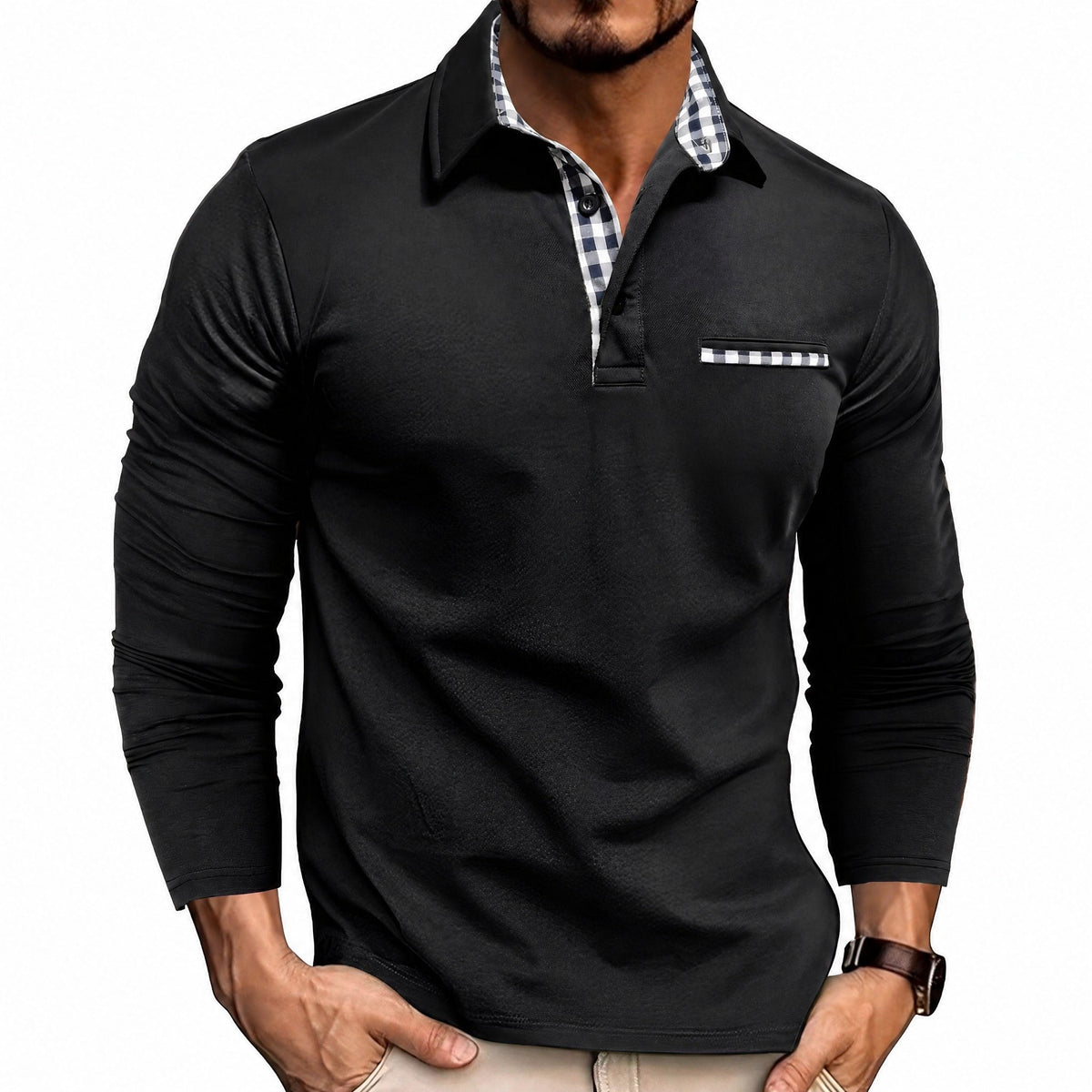 Rupert - Men's Long Sleeve Polo Shirt with Contrast Trim - Black - Parker&Brooks