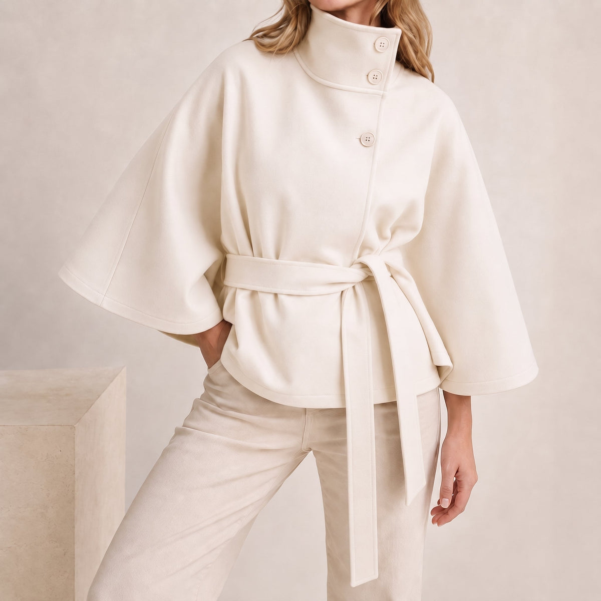 Sarah - Women's Cape Stand Collar Self-Tie Belted Jacket - Capes - White - Parker&Brooks