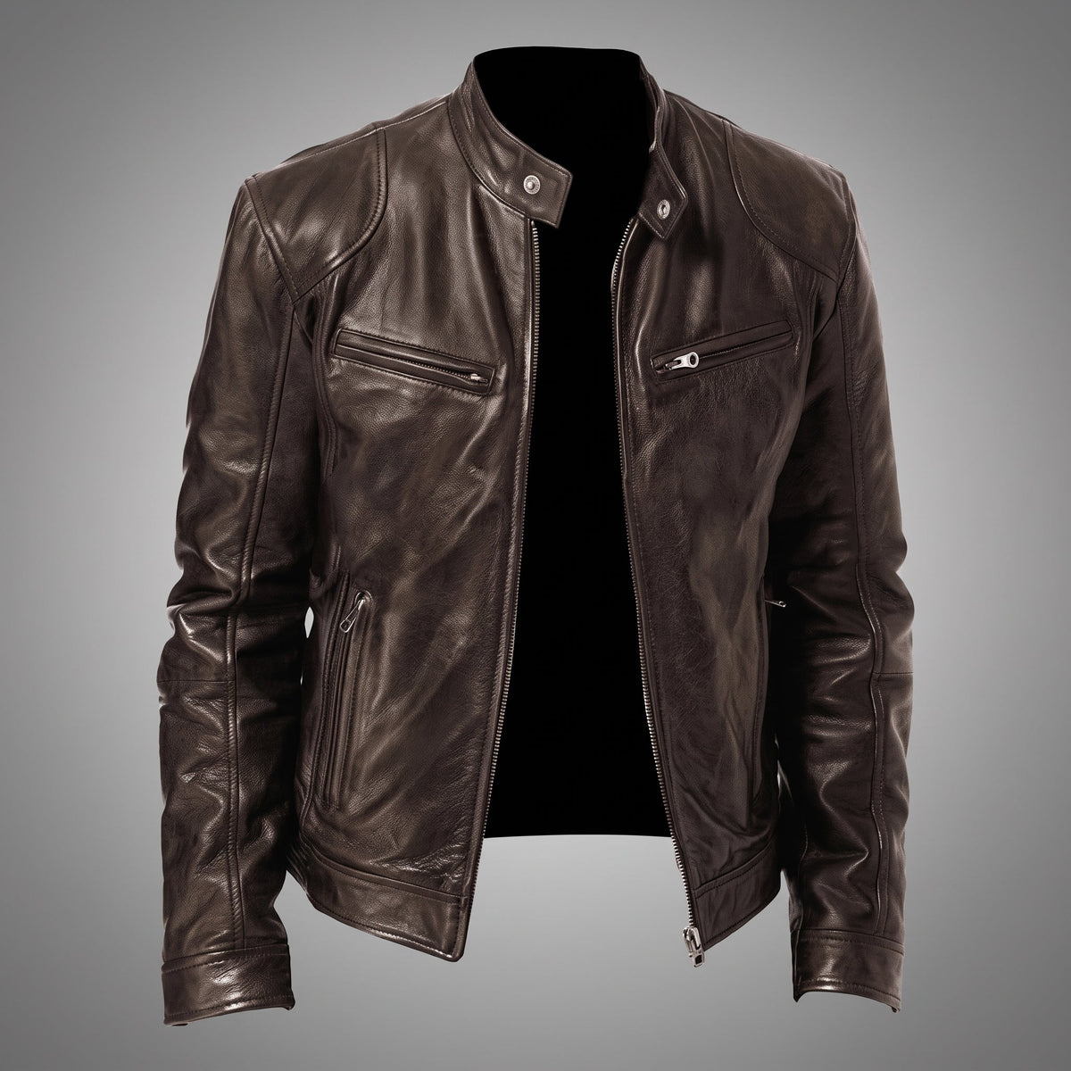 Siegfried - Men's Band Collar Transitional Multi-Pocket Jacket - Motorcycle Outerwear - Brown - Parker&Brooks