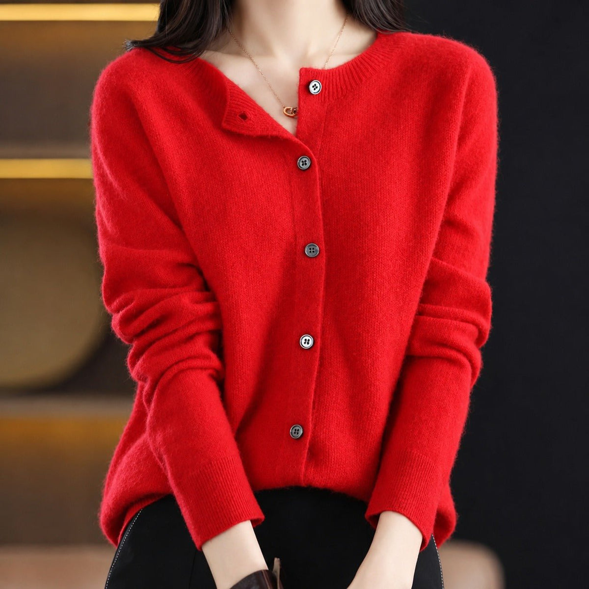 Sofia - Women's Relaxed Fit Long Sleeve Button-Front Crew Neck Cardigan - Cardigans - Red - Parker&Brooks