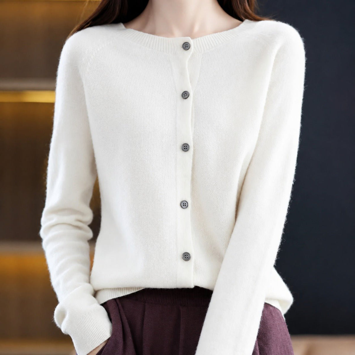 Sofia - Women's Relaxed Fit Long Sleeve Button-Front Crew Neck Cardigan - Cardigans - White - Parker&Brooks