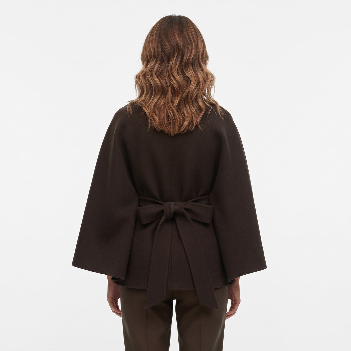 Sophia - Women's Belted Cape Coat with High Collar and Batwing Sleeves - Capes - Brown - Parker&Brooks