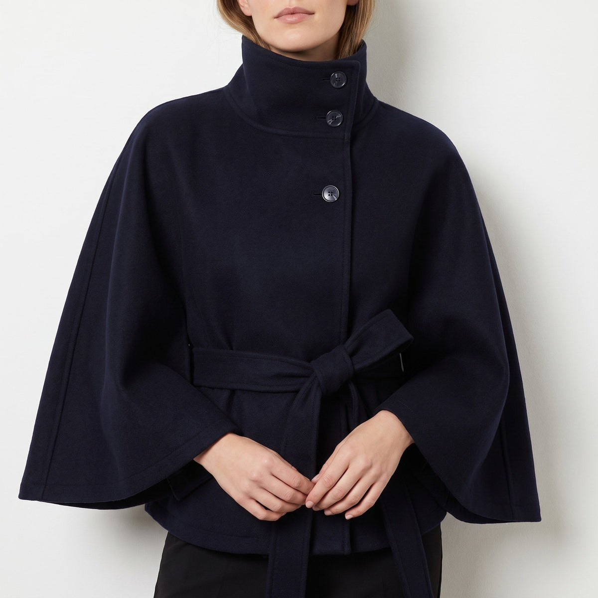 Sophia - Women's Belted Cape Coat with High Collar and Button Closure - Capes - Blue - Parker&Brooks