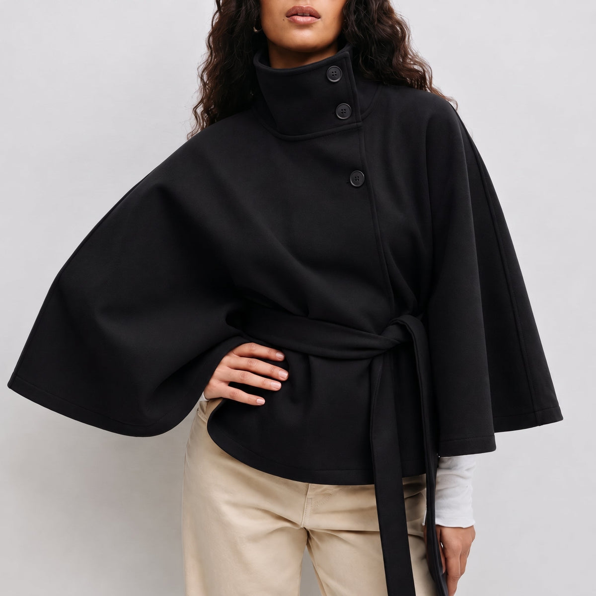 Sophia - Women's Belted Cape Coat with High Collar and Button Closure - Capes - Black - Parker&Brooks